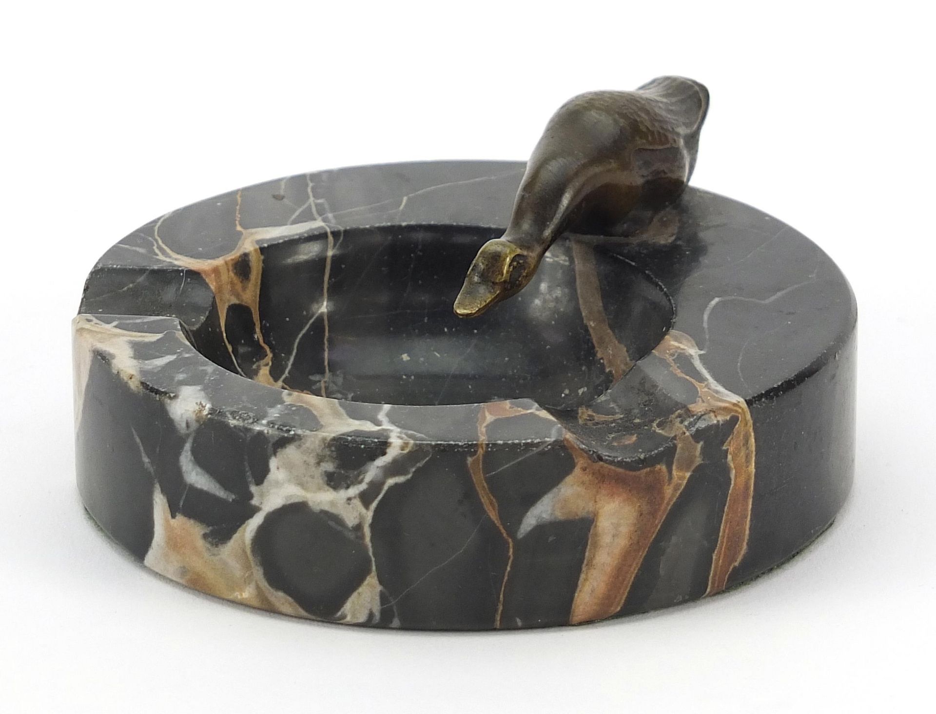Art Deco marble dish mounted with a bronze duck 10cm in diameter