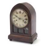 Inlaid mahogany striking mantle clock, 31cm high