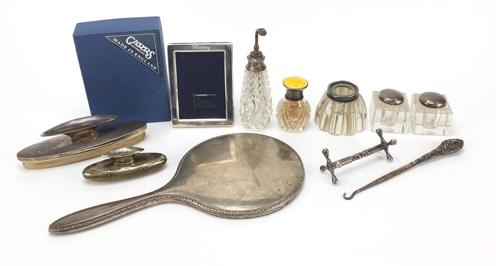 Edwardian and later silver objects including silver mounted glass ink wells, Carrs easel photo