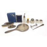 Edwardian and later silver objects including silver mounted glass ink wells, Carrs easel photo