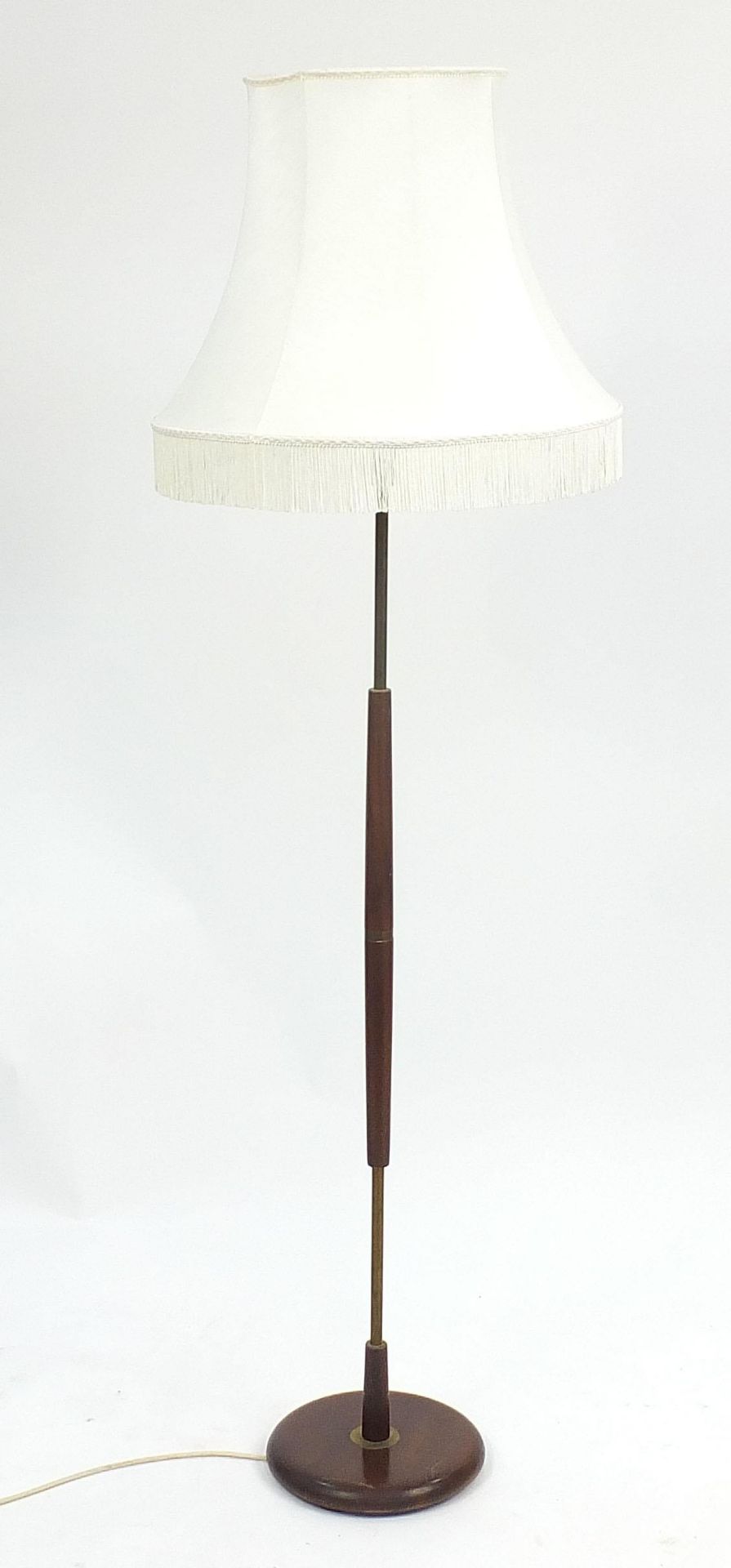 Vintage brass and teak standard lamp with silk lined shade, 177cm high - Image 4 of 4