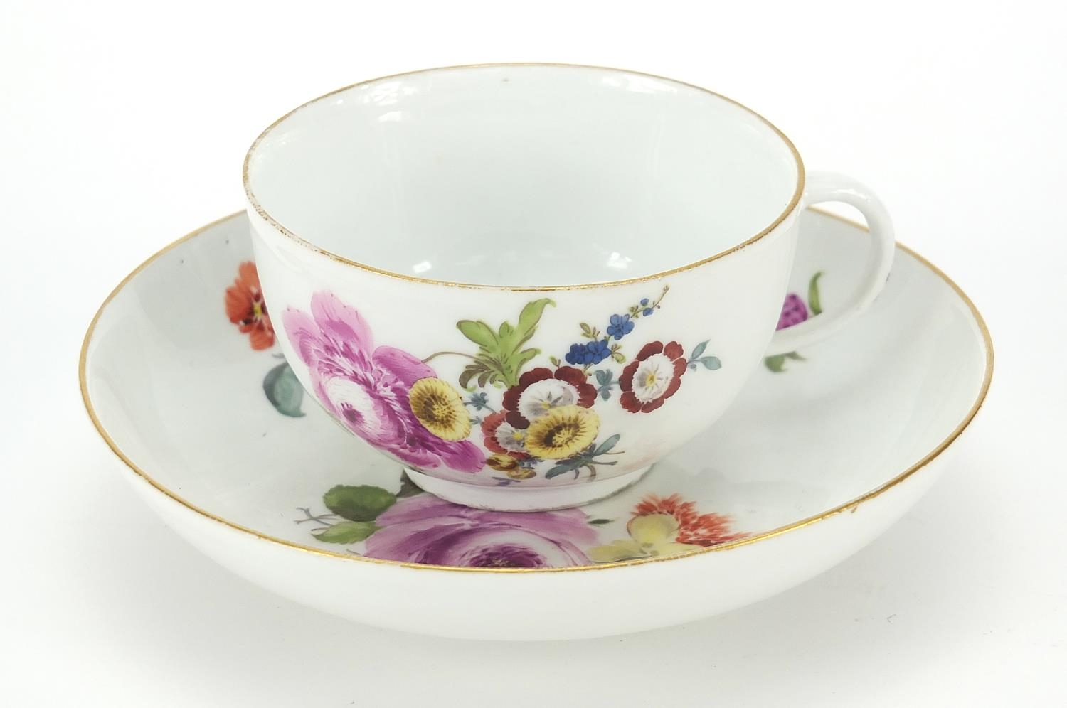 Meissen, 19th century porcelain cup and saucer hand painted with flowers, the saucer 13.5cm in - Image 2 of 6