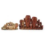 Two Chinese soapstone brush washers, one carved with animals and insects, the largest 29cm wide