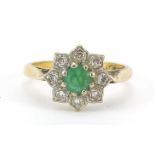 18ct gold emerald and diamond cluster ring, size N, 3.9g