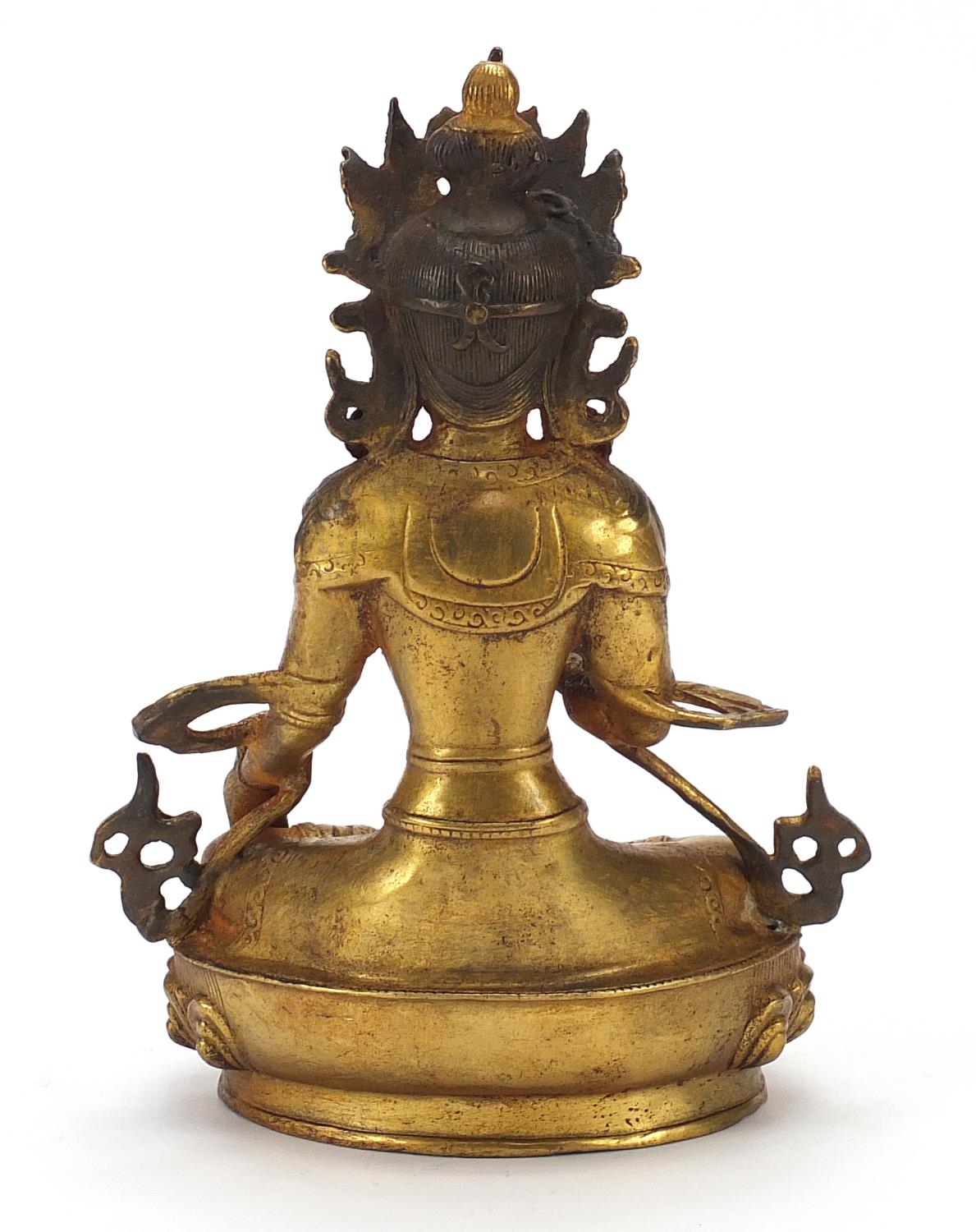 Chino Tibetan gilt bronze figure of seated buddha, 20cm high - Image 4 of 8