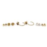 Five pairs of earrings including some 9ct gold, the largest 2.2cm high, weighable gold 1.2g, total