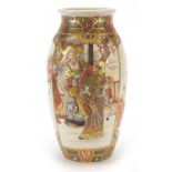 Japanese Satsuma pottery vase hand painted with figures and flowers, 29.5cm high