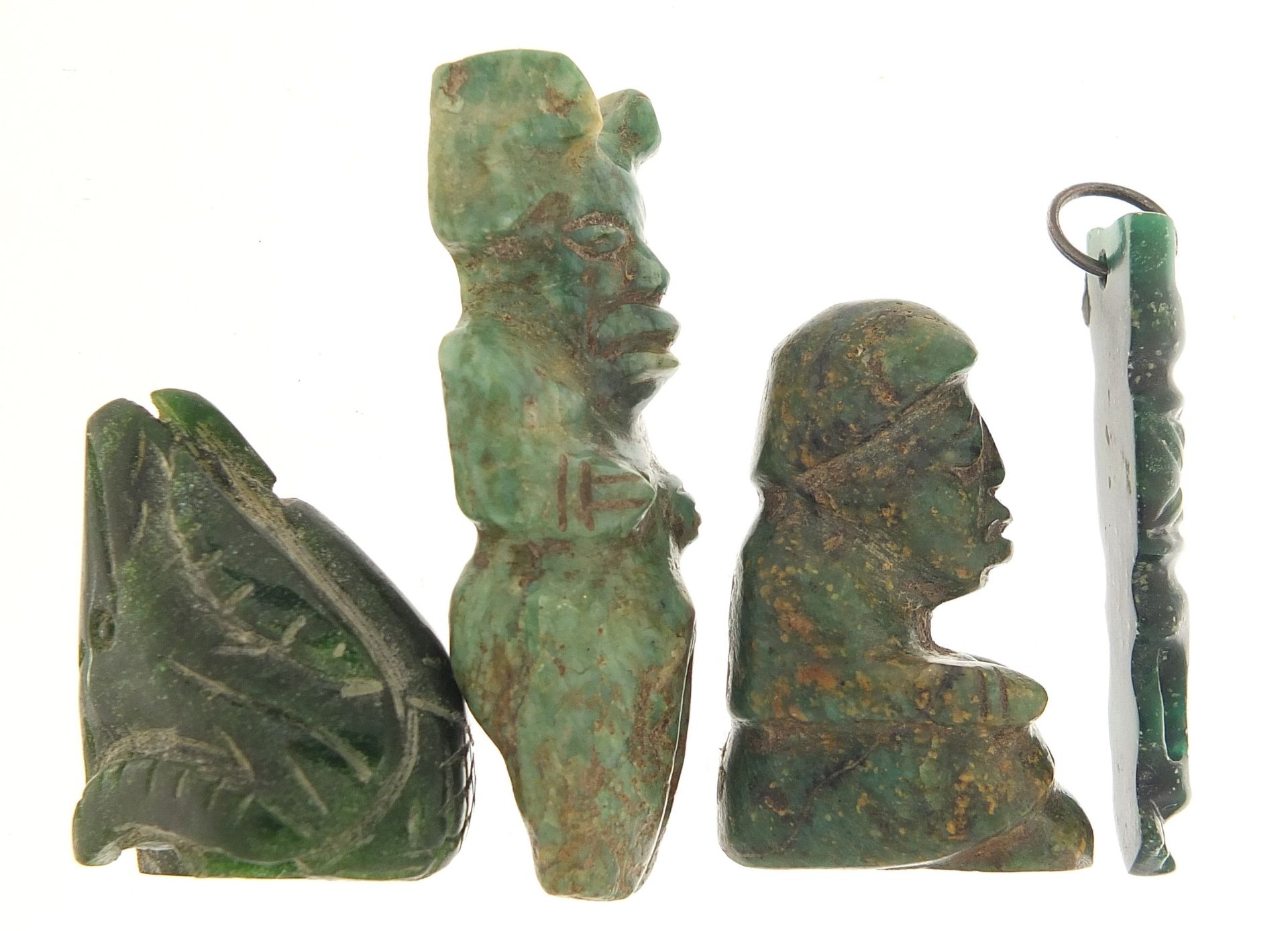 Four antique green stone carvings including a Hei-tiki style pendant, the largest 5.5cm high - Image 4 of 7