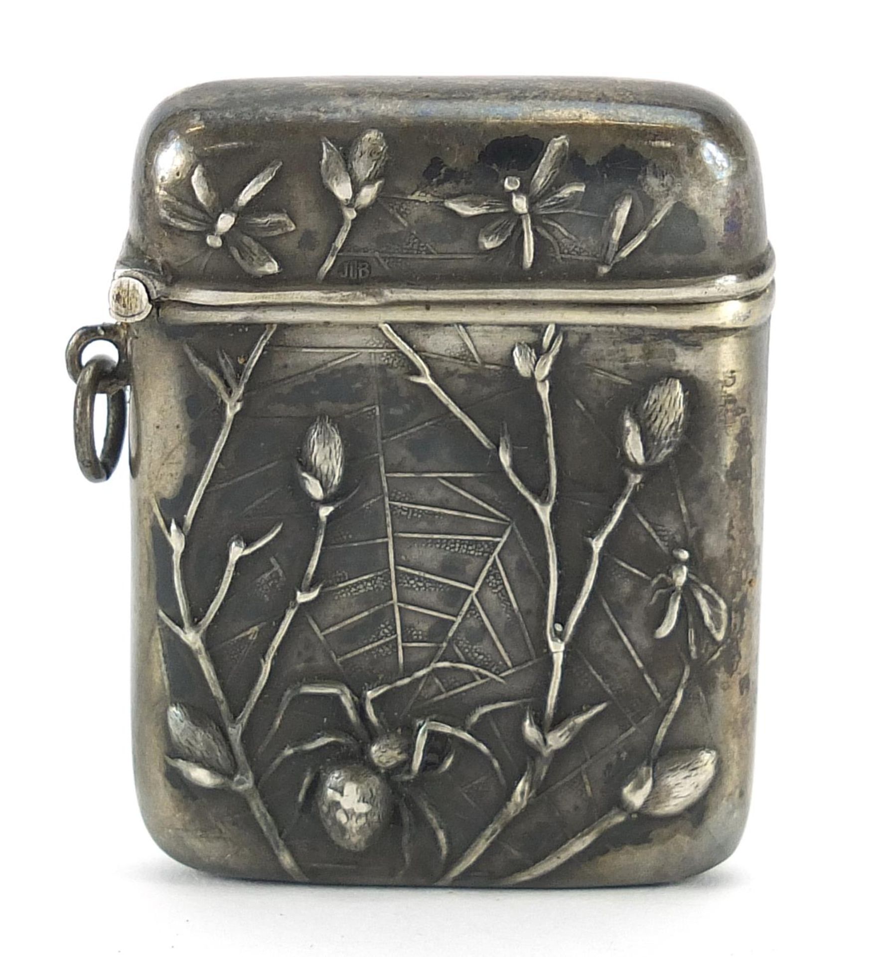 German silver vesta embossed with a spider and insects in a web, 4.5cm high, 15.0g
