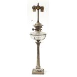 Victorian Hinks No2 silver plated Corinthian column oil lamp with cut glass reservoir, 75cm high