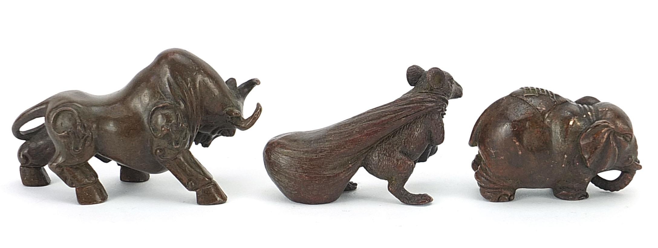 Three Japanese patinated bronze animals comprising bull, rat with a sack and elephant, each with - Image 4 of 10