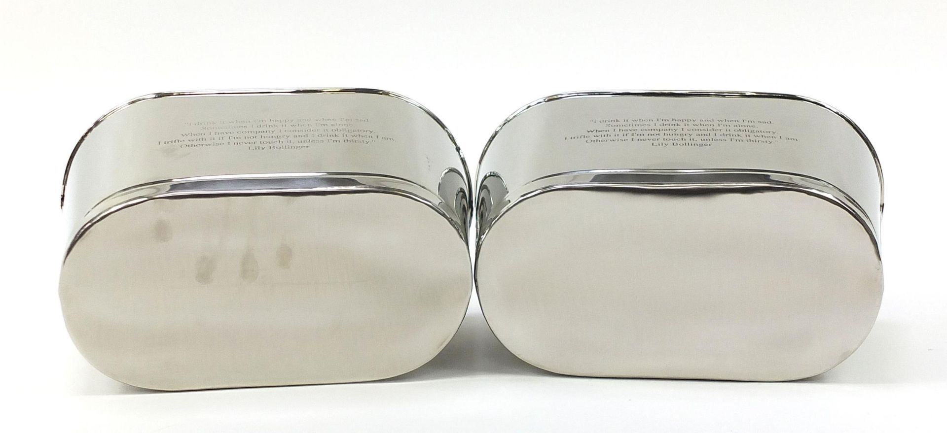 Pair of silver plated ice buckets with Napoleon Bonaparte and Lily Bollinger mottos, 18cm H x 35cm W - Image 5 of 5