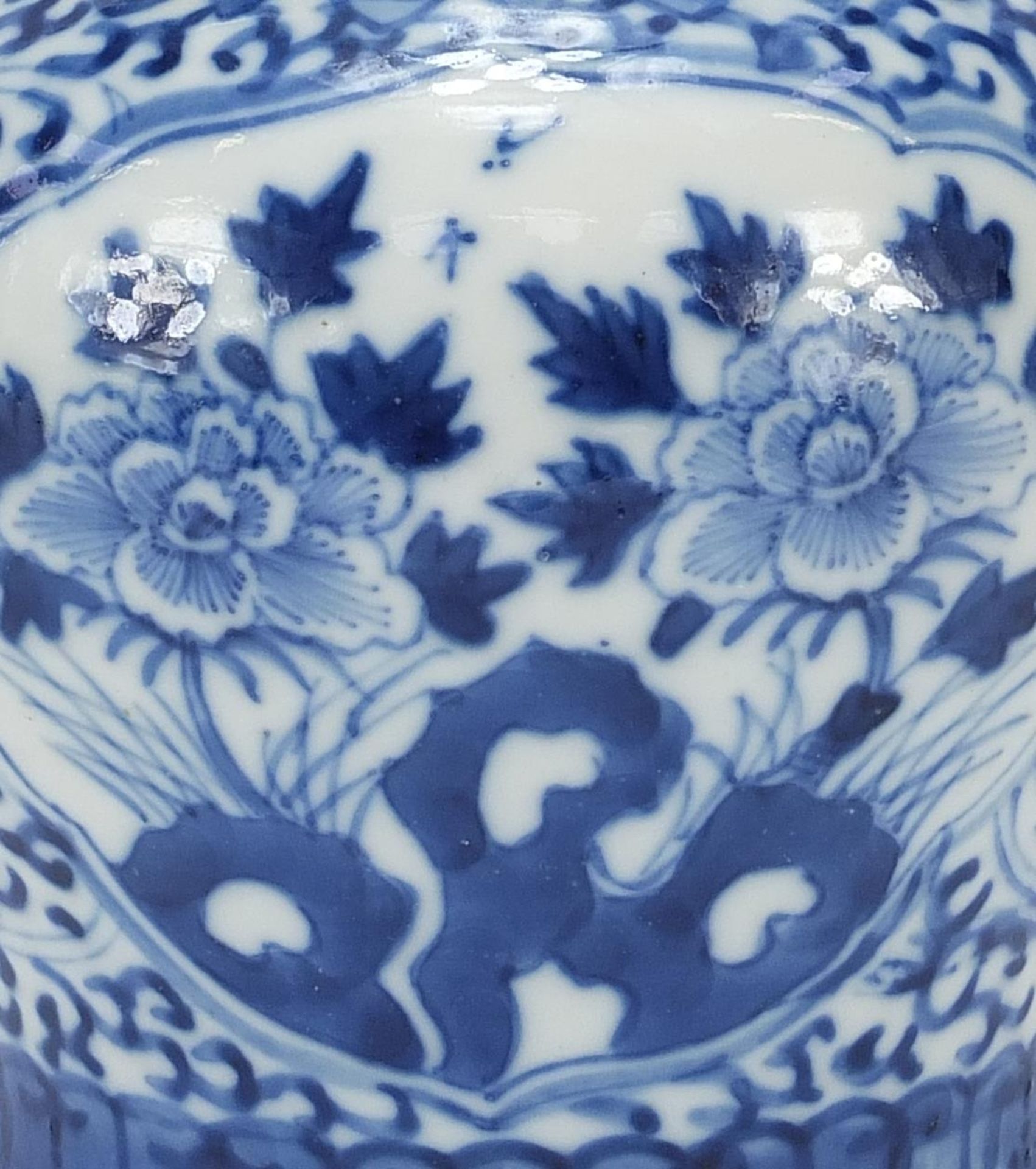 Chinese blue and white porcelain vase hand painted with flowers, six figure character marks to the - Image 3 of 10