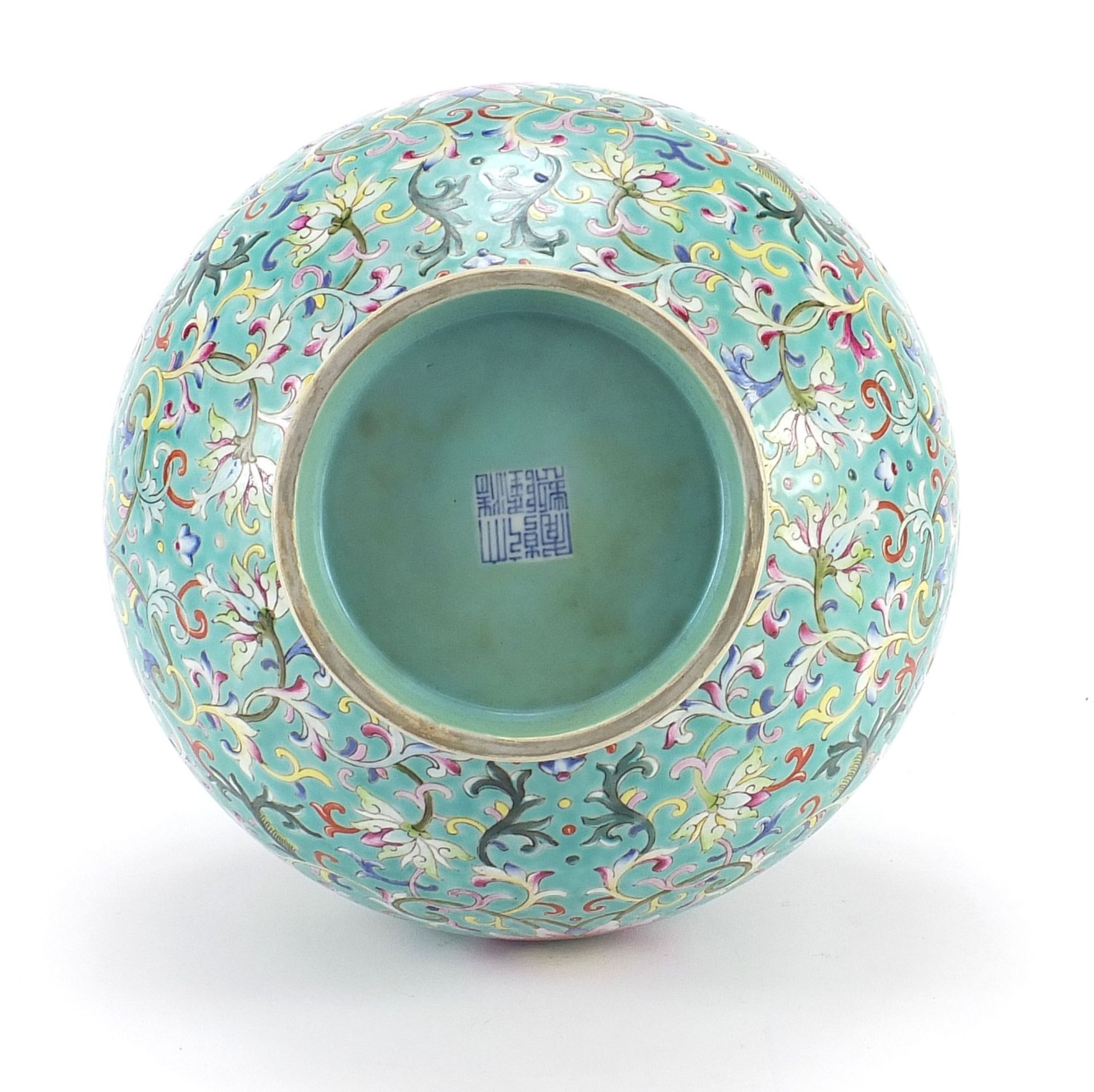 Large Chinese porcelain turquoise ground vase, finely hand painted in the famille rose palette - Image 9 of 11