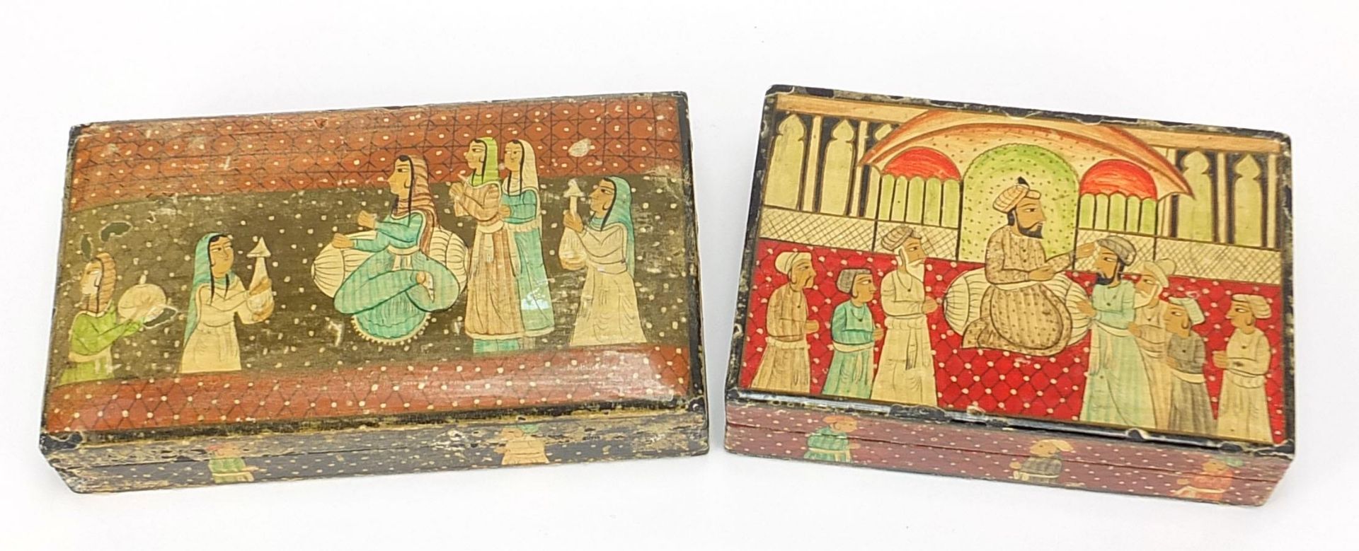 Two Indian Kashmir lacquered boxes and covers hand painted with figures praying, one with paper - Image 2 of 6