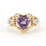 9ct gold love heart amethyst and diamond ring, size J, 2.9g