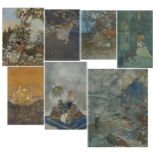 After Edmund Dulac - Seven prints in colour including a mosque and females dancing, mounted,