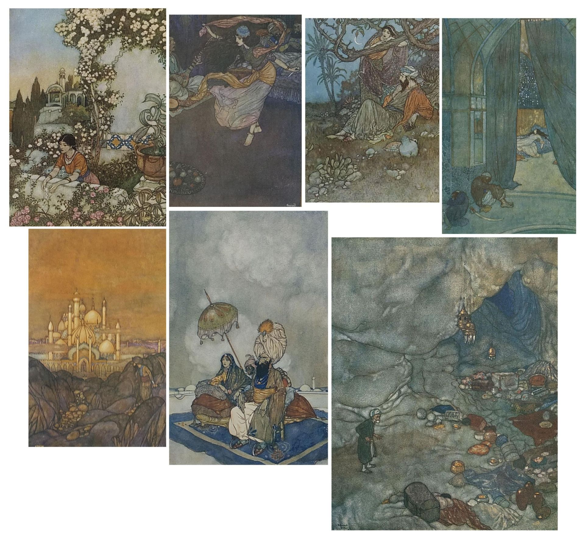 After Edmund Dulac - Seven prints in colour including a mosque and females dancing, mounted,