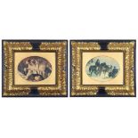 Figures & horses and dogs, two oleographs housed in Florentine style ornate gilt frames, mounted,