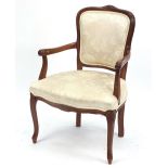 Mahogany framed open armchair with cream classical upholstery, 88cm high