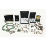 Silver jewellery including necklaces and rings, some set with semi-precious stones, 250.0g