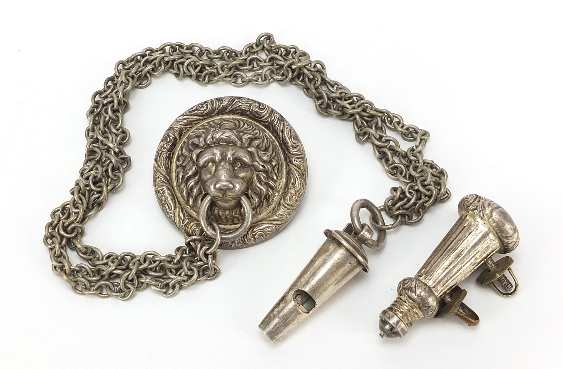 Military interest silver plated silver whistle on chain with lion mask anchor plate, overall 50cm in