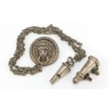 Military interest silver plated silver whistle on chain with lion mask anchor plate, overall 50cm in