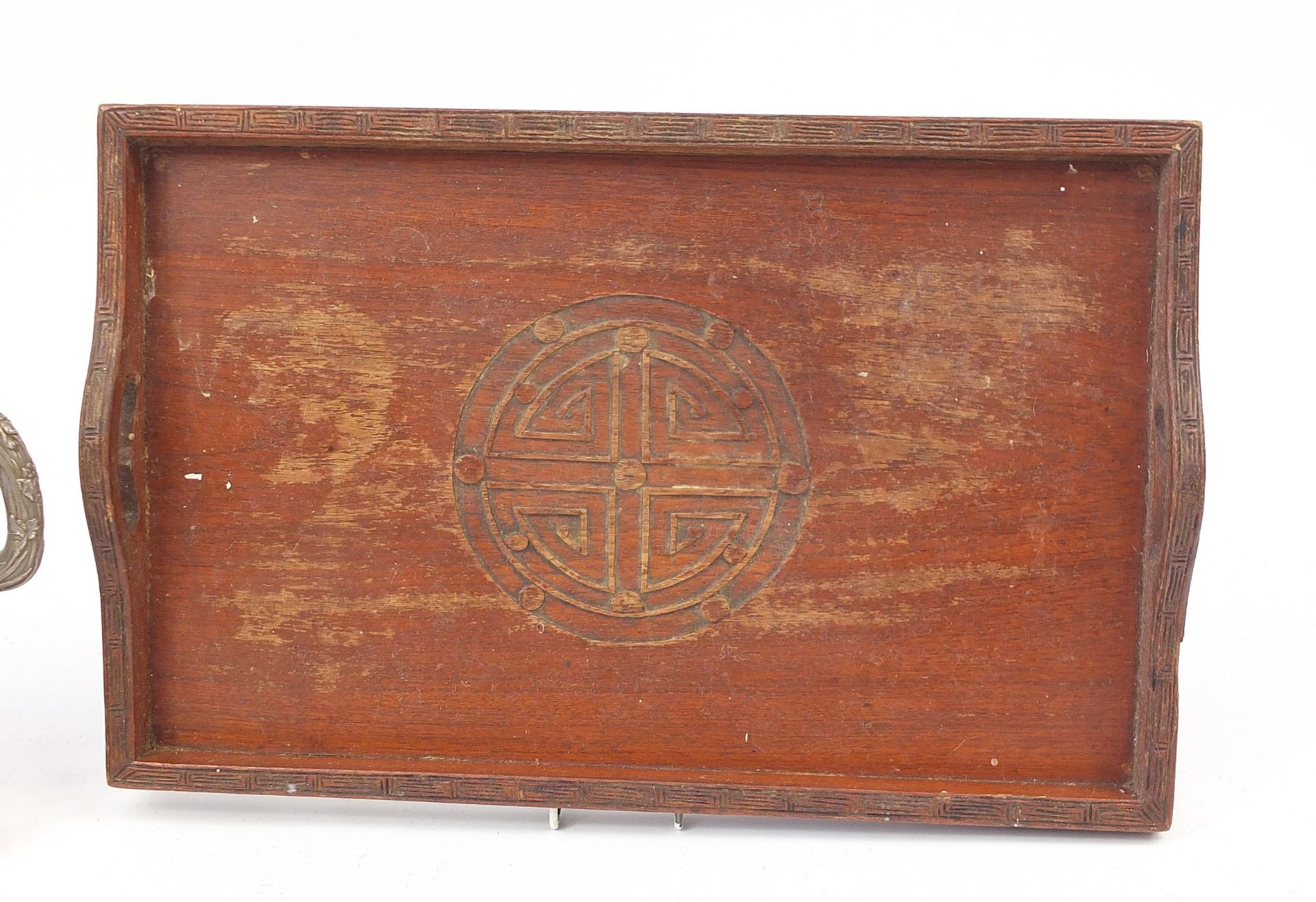 Two Japanese wooden trays, one lacquered in black and having white metal handles, the other having - Image 3 of 4