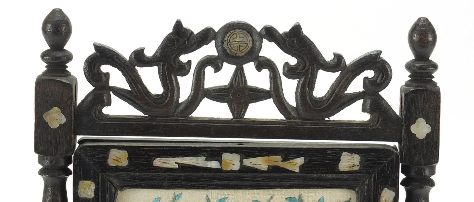 Chinese hardwood screen with mother of pearl inlay housing a black and white photograph of a - Image 2 of 5