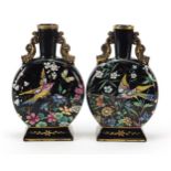 Attributed to Moser, pair of Bohemian aesthetic glass moon flasks enamelled with birds amongst