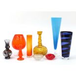 Art glassware including tangerine orange vase and goblet, the largest 45cm high