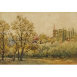 Sidney Currie - Trees before a village and church, early 20th century watercolour, mounted, framed