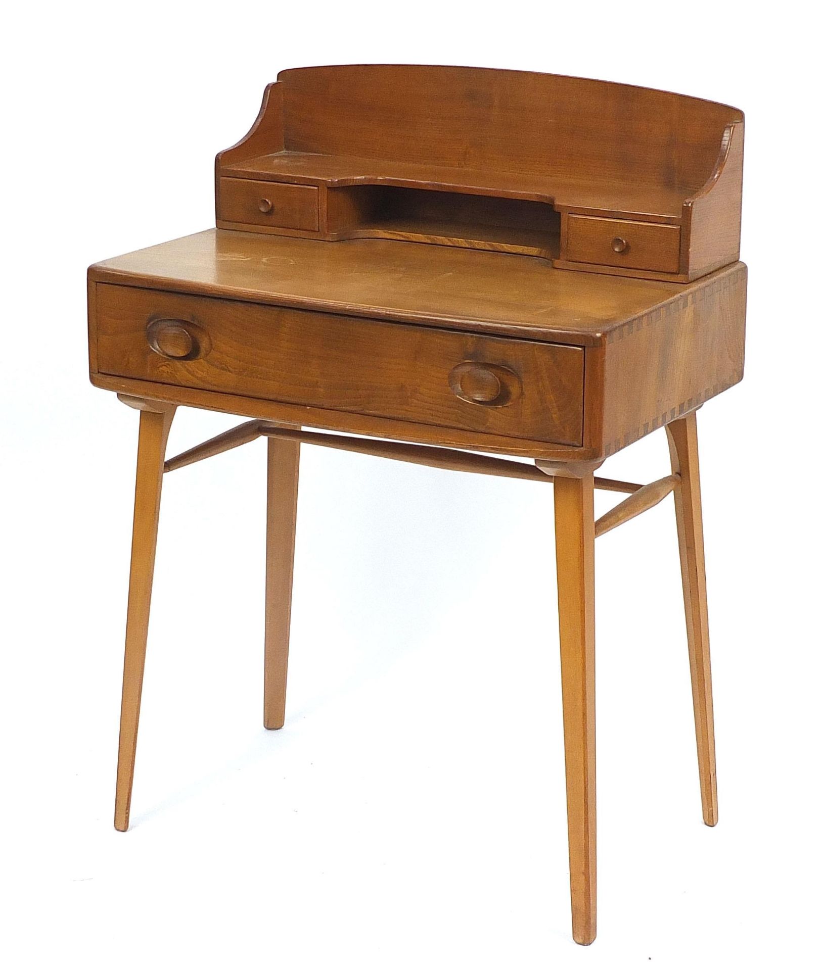 Ercol light elm dressing table with three drawers, 93cm H x 68.5cm W x 48cm D