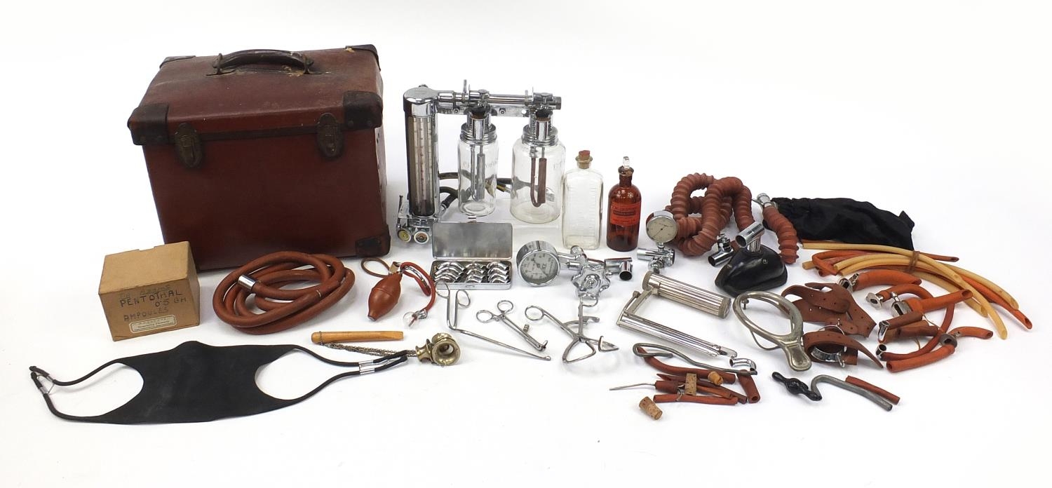 Vintage brown leather medical bag from the estate of Dr John Bodkin Adams, containing instruments