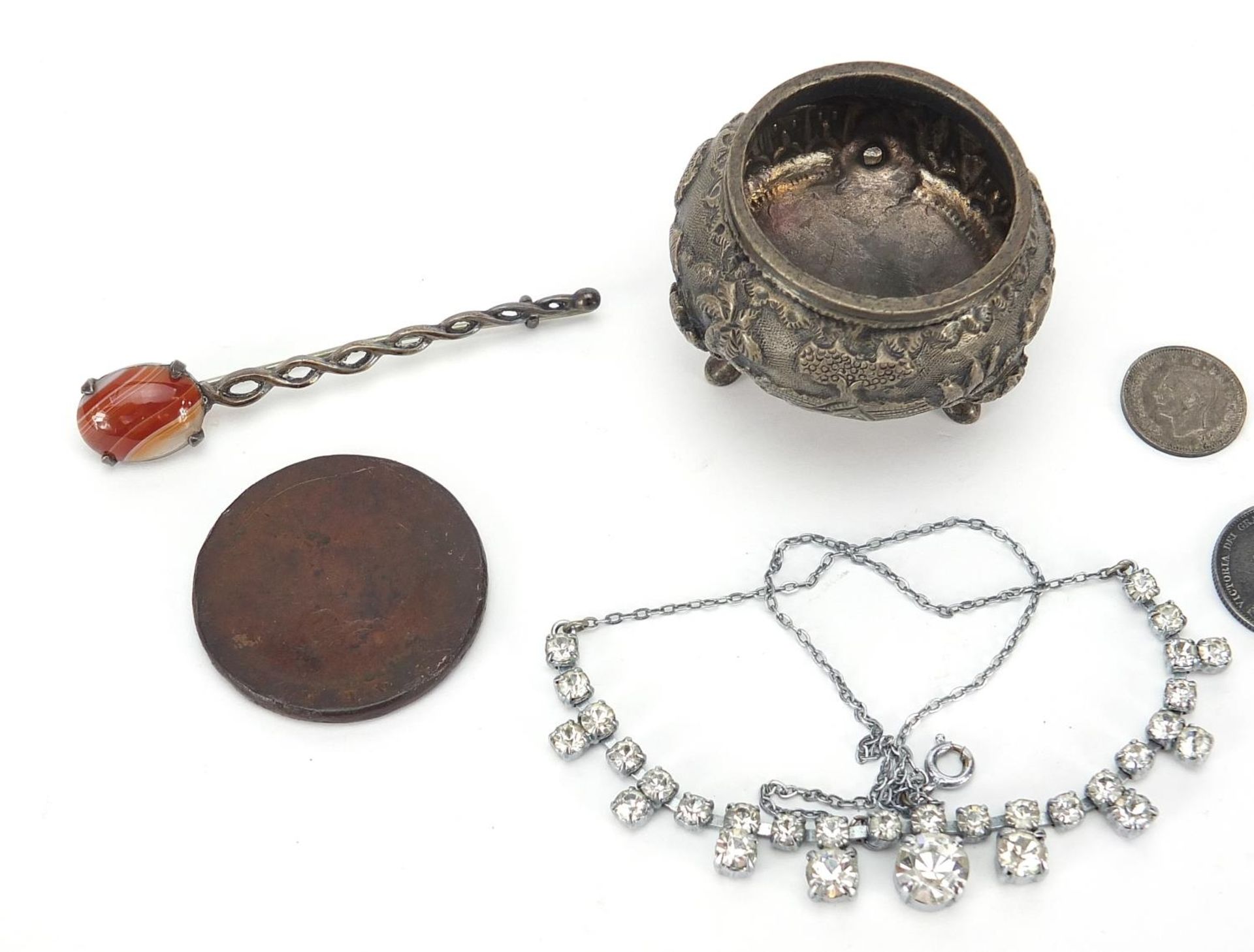 Objects including Indian unmarked silver salt, silver and agate brooch and antique coins - Image 2 of 4