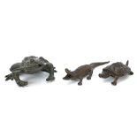 Three Japanese patinated bronze animals comprising frog, tortoise and crocodile, the largest 8.5cm