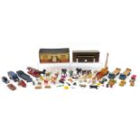 Vintage toys and diecast commercial vehicles including a Dinky Supertoys Meccano fire engine, farm