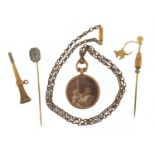 Antique and later jewellery including an intaglio seal stick pin, 9ct gold open locket and