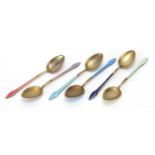 Set of six sterling silver and guilloche enamel teaspoons, 10cm in length, 68.4g