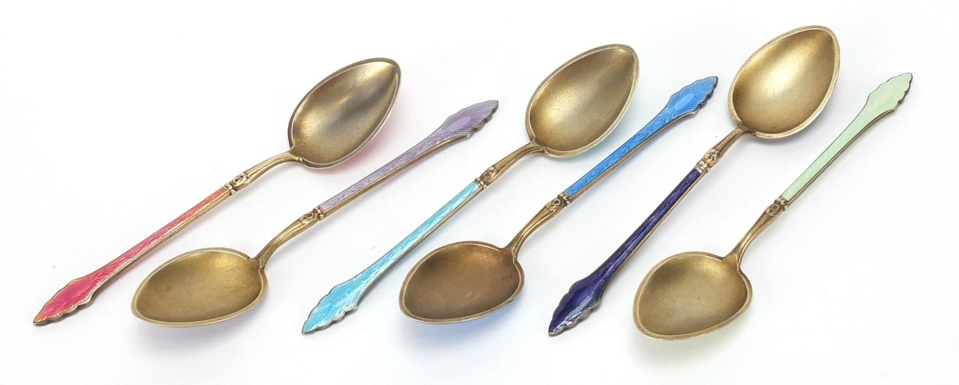 Set of six sterling silver and guilloche enamel teaspoons, 10cm in length, 68.4g