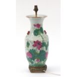 Chinese porcelain vase table lamp hand painted with flowers and calligraphy, 57cm high