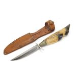 German deer foot hunting knife with leather sheath impressed Solingen Germany to the blade, 23cm