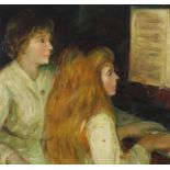 Two females at a piano with sheet music, oil on board, mounted and framed, 43.5cm x 41.5cm excluding