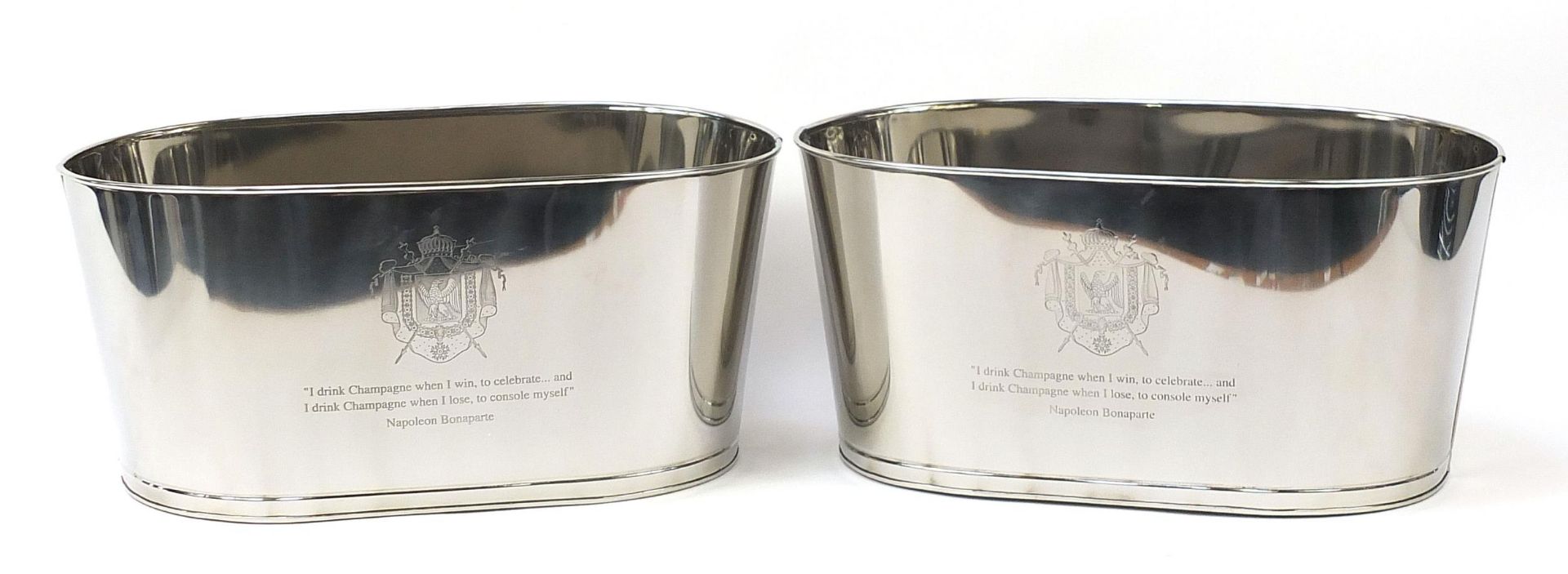 Pair of large Champagne ice buckets with Napoleon Bonaparte and Lily Bollinger mottos, each 30cm H x