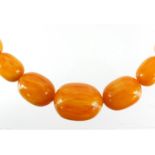 Butterscotch amber coloured bead necklace, the largest bead 3.1cm in length, 64cm in length, 93.6g