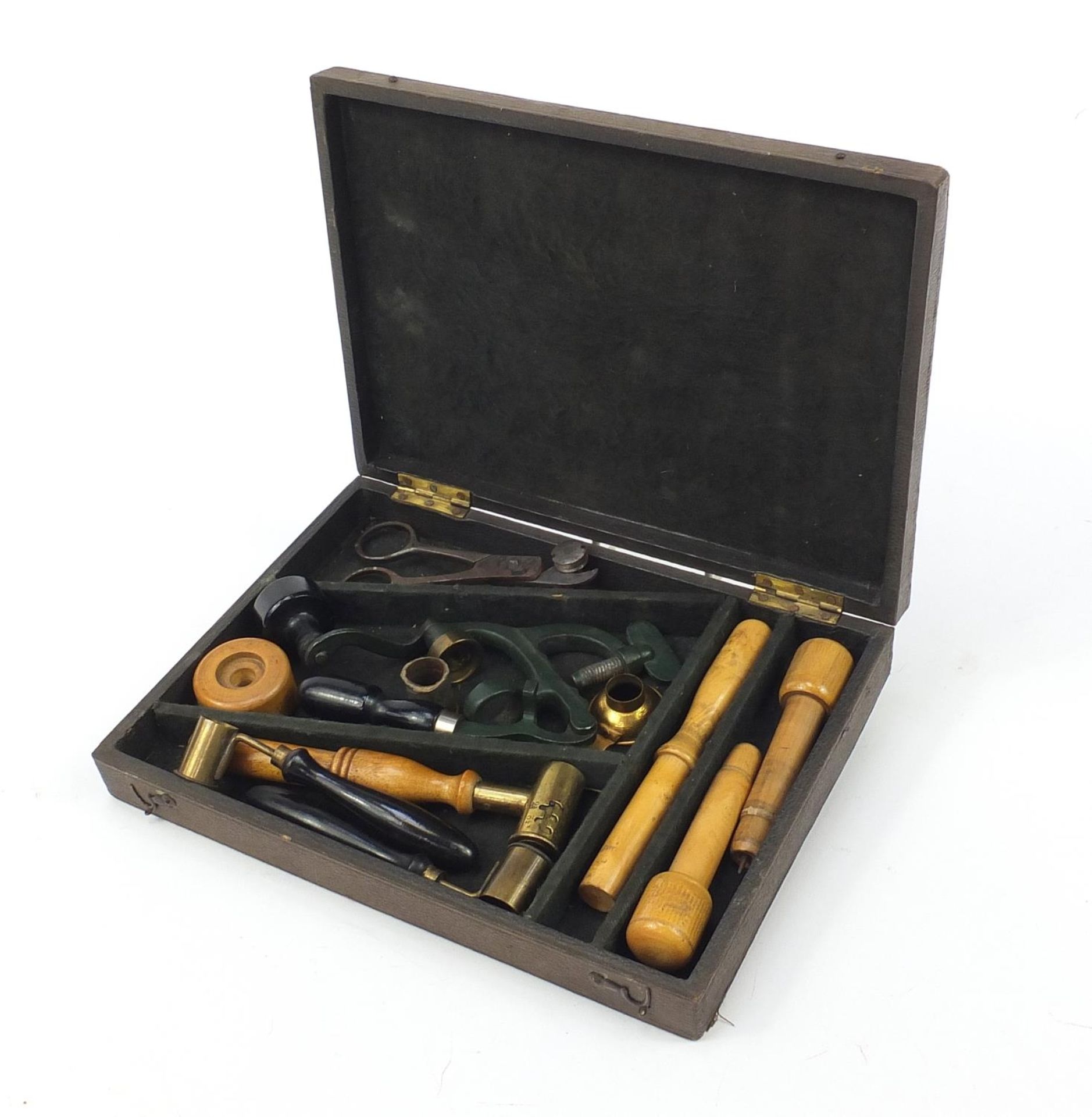 Antique gun ammunition making equipment including a cartridge maker, clamps and scissors housed in a - Image 4 of 5