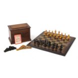 Staunton pattern chess set and draughts with board, the largest pieces each 7cm high, the board 40cm