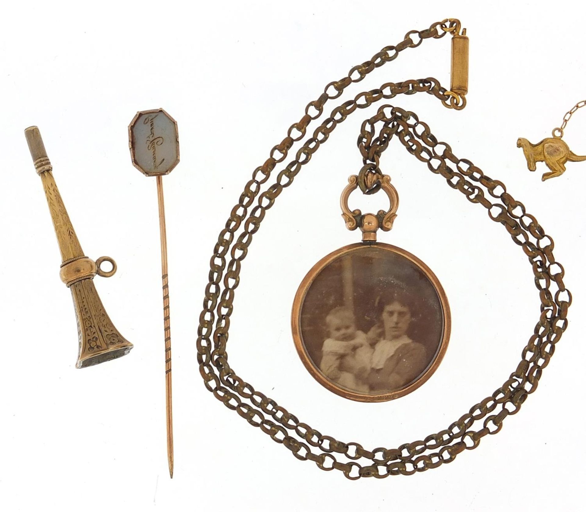 Antique and later jewellery including an intaglio seal stick pin, 9ct gold open locket and - Image 2 of 4