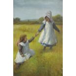 Two young girls wearing early 20th century dress in a field, indistinctly signed, oil on canvas,