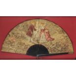 Victorian ebonised tapestry fan depicting three figures in Georgian dress housed in a glazed display